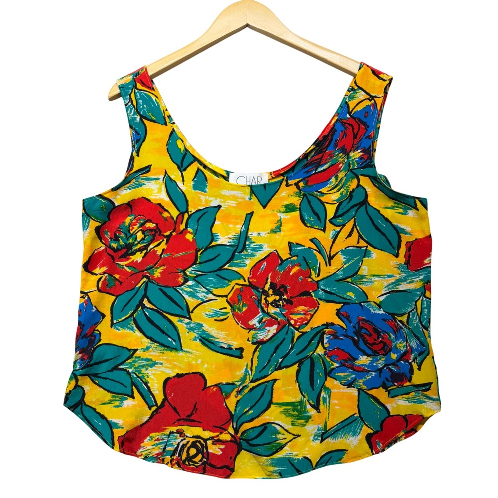 CHAR Women Yellow Floral Silk Tank Top Sleeveless Scoop Neck Blouse Large Floral